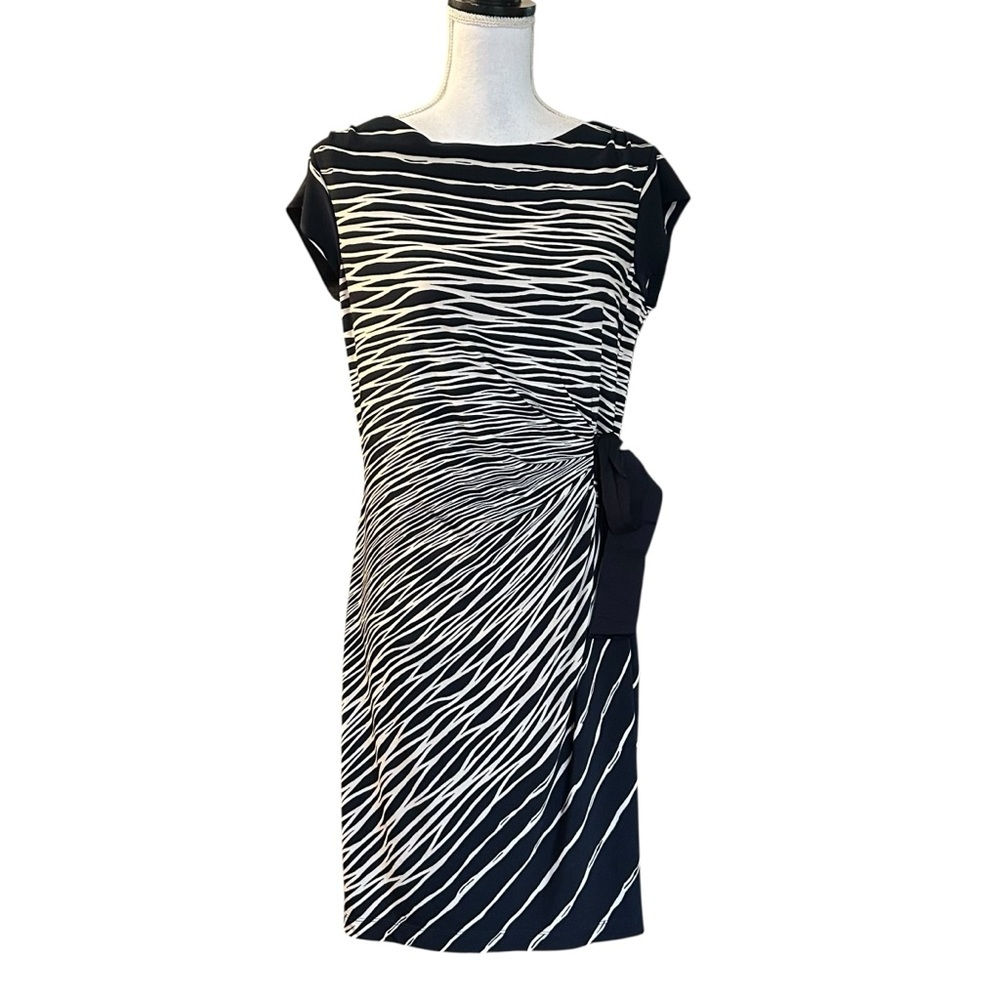 Dressbarn Side Tie Sleeveless Striped Career Dress SZ‎ 12 Black & Tan NEW
